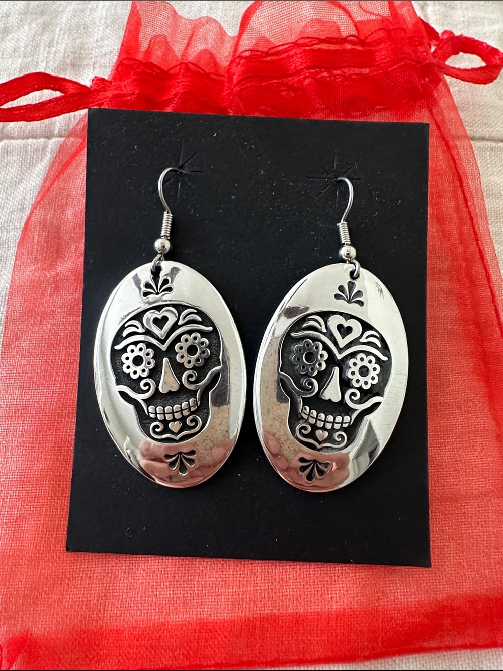 Silver Sugar Skull Oval Dangle Earrings - Women's Silver Tone